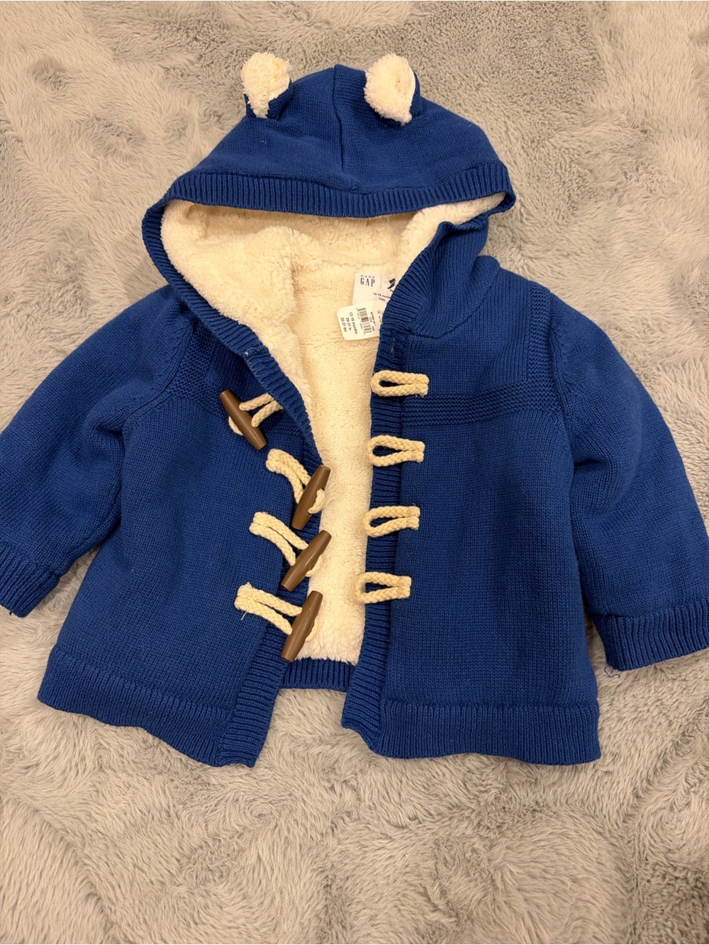 GAP Blue Hooded Toggle Knit Sweater with Cream Sherpa